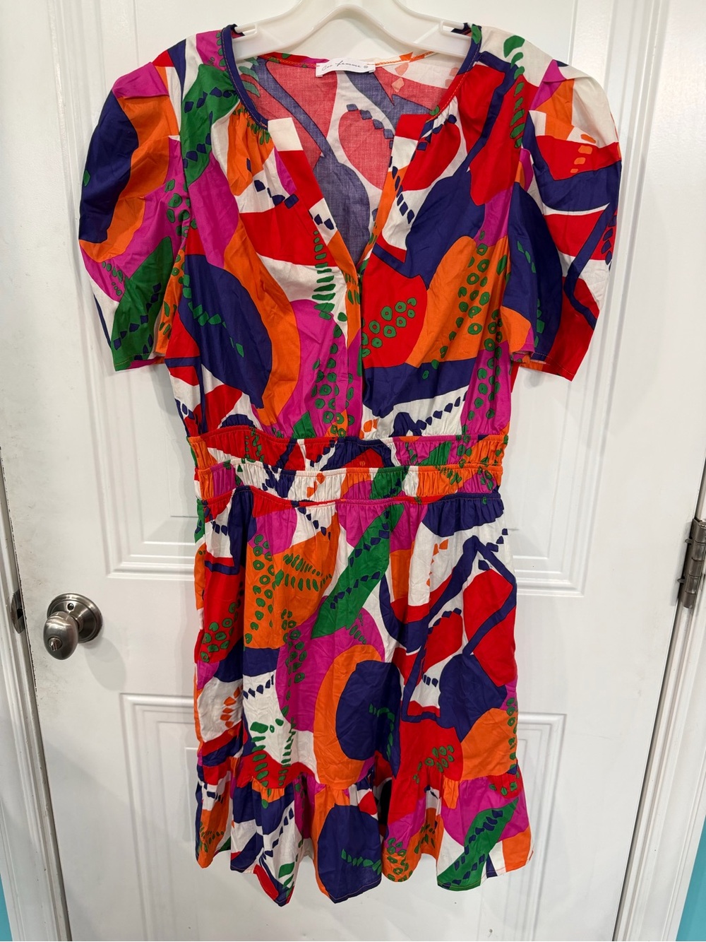 Ces Femme Bold Abstract Print Short Dress in Red, Orange, Purple, Green, White